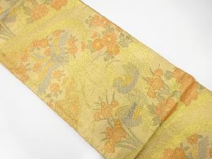 佐賀錦鴛鴦に尾長鳥・流水・草花模様織出し袋帯